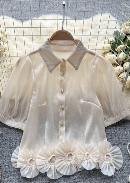Modern Pink Peter Pan Collar Patchwork Chiffon Shirts Top Summer