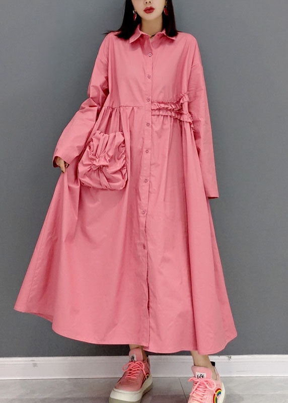 Modern Pink Peter Pan Collar Wrinkled Shirt Dress Long Sleeve