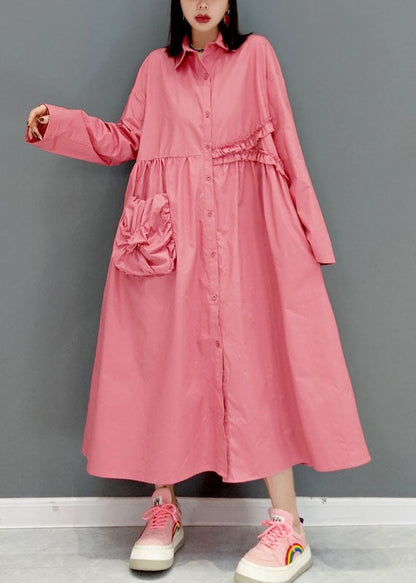 Modern Pink Peter Pan Collar Wrinkled Shirt Dress Long Sleeve