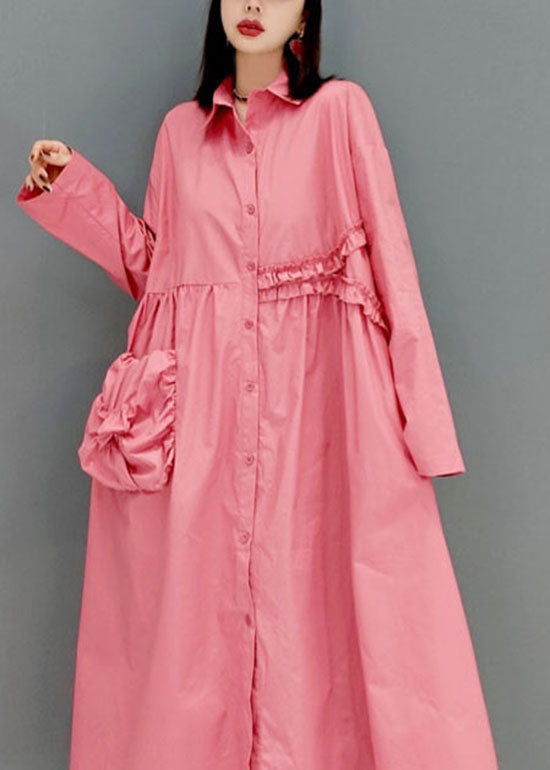 Modern Pink Peter Pan Collar Wrinkled Shirt Dress Long Sleeve