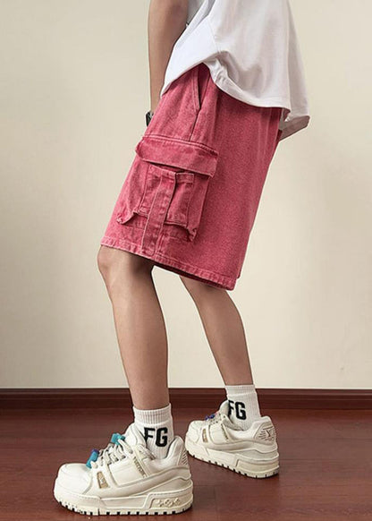 Modern Pink Pockets Elastic Waist Denim Shorts Summer