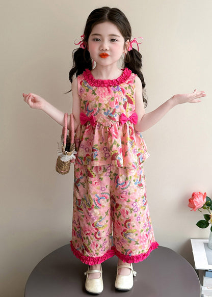 Modern Pink Print Bow Top and Wide Leg Pants Two Pieces Set Summer