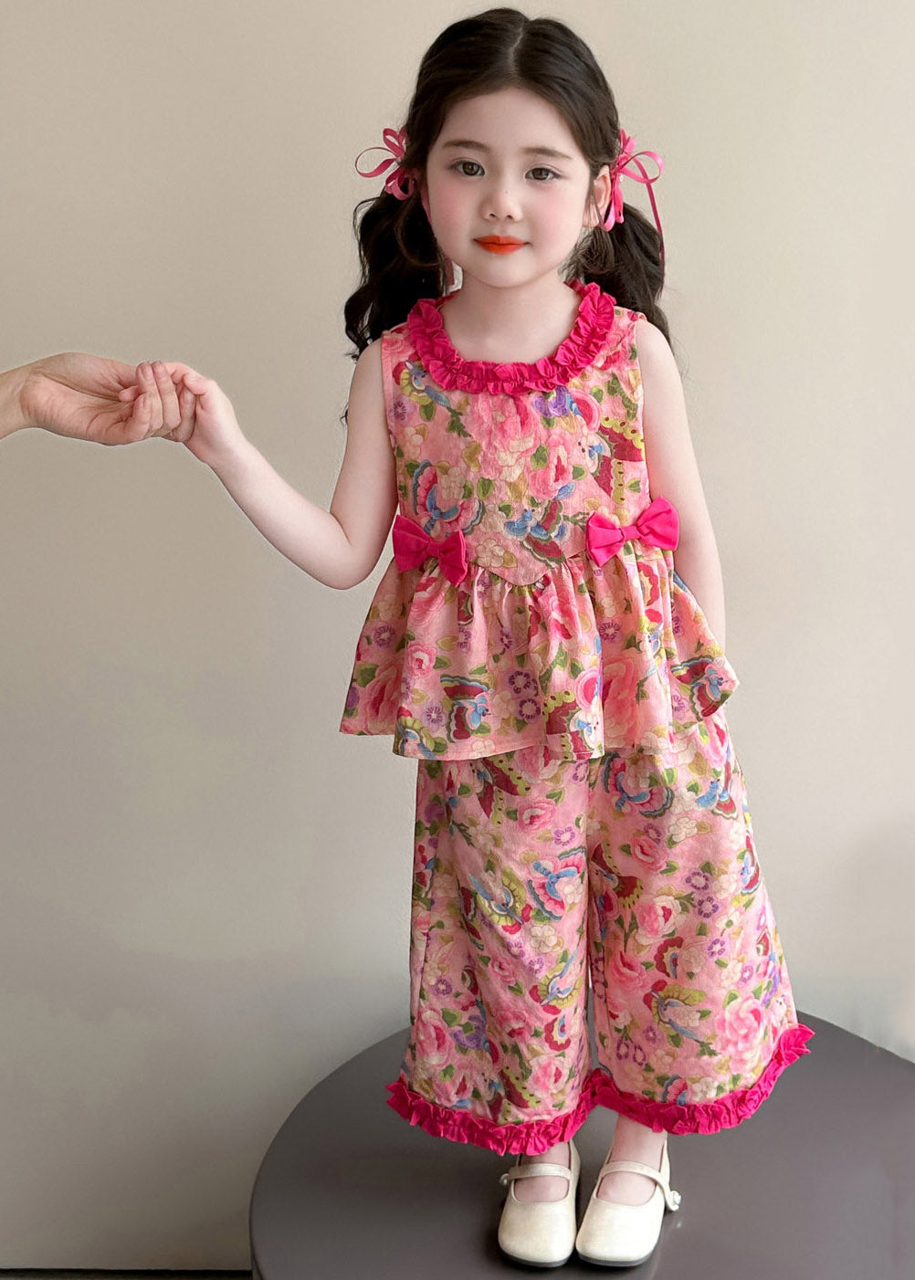 Modern Pink Print Bow Top and Wide Leg Pants Two Pieces Set Summer