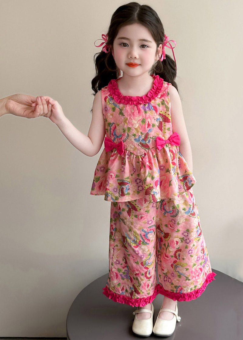 Modern Pink Print Bow Top and Wide Leg Pants Two Pieces Set Summer