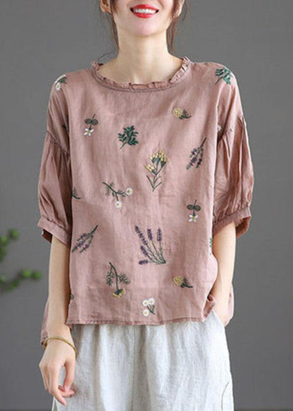 Modern Crane Pattern Regular Embroideried Summer Half Sleeve