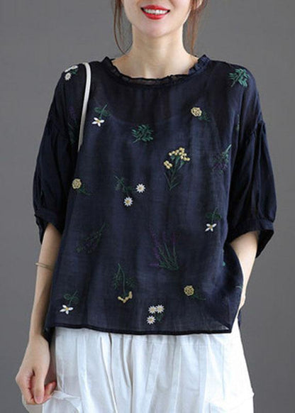 Modern Crane Pattern Regular Embroideried Summer Half Sleeve