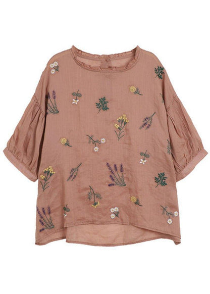 Modern Pink-flower2 Regular Embroideried Summer Half Sleeve