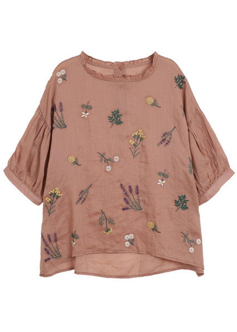 Modern Crane Pattern Regular Embroideried Summer Half Sleeve