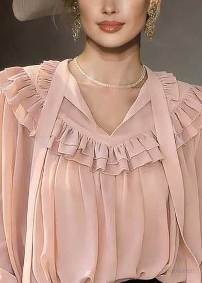 Modern Pink V Neck Ribbon Solid Shirts Lantern Sleeve