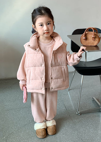 Modern Pink Warm Fleece Kids Waistcoat Top and Pants Three Pieces Set Winter