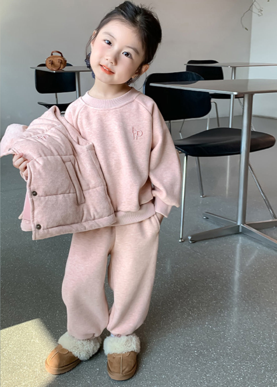 Modern Pink Warm Fleece Kids Waistcoat Top and Pants Three Pieces Set Winter