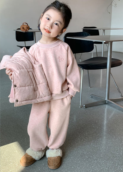 Modern Pink Warm Fleece Kids Waistcoat Top and Pants Three Pieces Set Winter