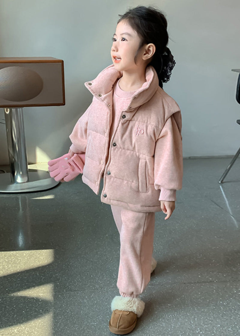 Modern Pink Warm Fleece Kids Waistcoat Top and Pants Three Pieces Set Winter