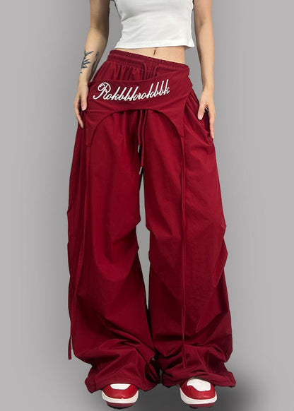 Modern Red Asymmetrical Elastic Waist Cotton Pants Spring