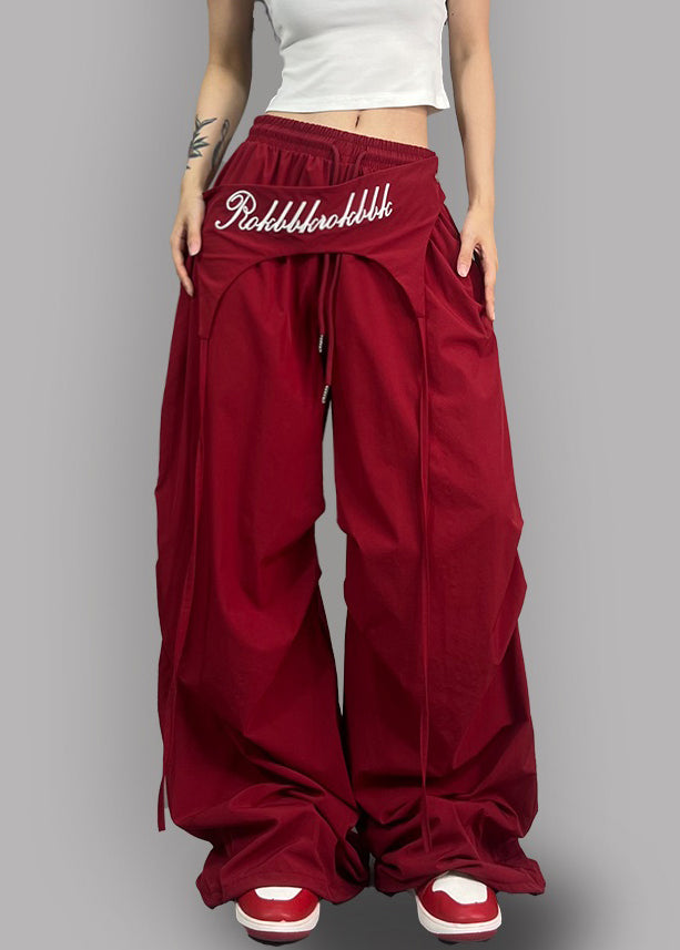 Modern Red Asymmetrical Elastic Waist Cotton Pants Spring