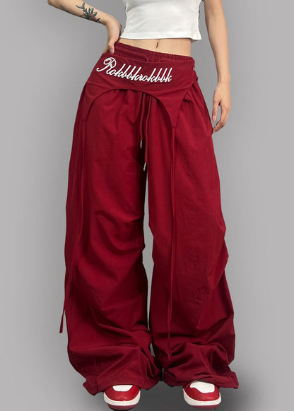 Modern Red Asymmetrical Elastic Waist Cotton Pants Spring