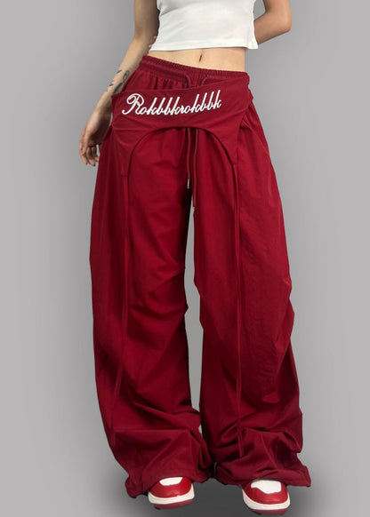 Modern Red Asymmetrical Elastic Waist Cotton Pants Spring