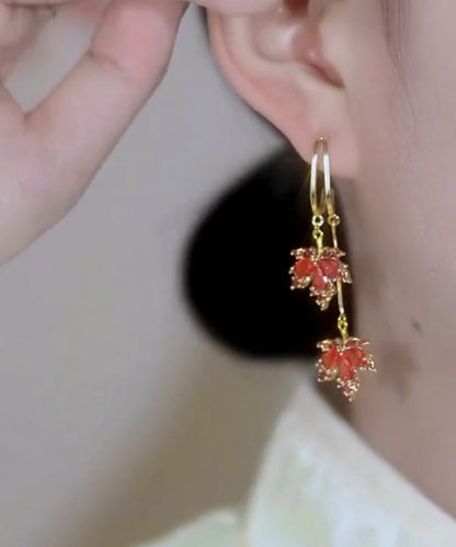 Modern Red Copper Overgild Maple Leaves Tassel Drop Earrings