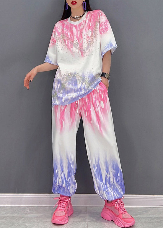 Modern Red Gradient Color O-neck Tanks and Pants Two Pieces Set Half Sleeve