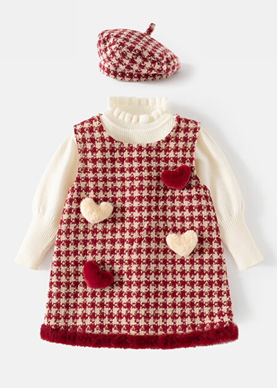 Modern Red Love Kids Hat Warm Dress and Sweaters Three Pieces Set Spring