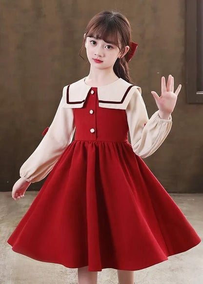 Modern Red O-neck Patchwork Kids Long Dresses Long Sleeve
