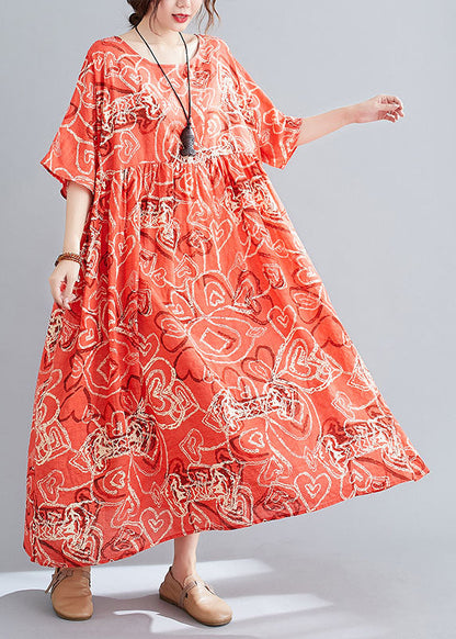 Modern Red O-neck Print Wrinkled Cotton Beach Dress Short Sleeve