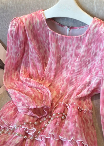 Modern Red O-neck Print Zippered Wrinkled Chiffon Dresses Long Sleeve