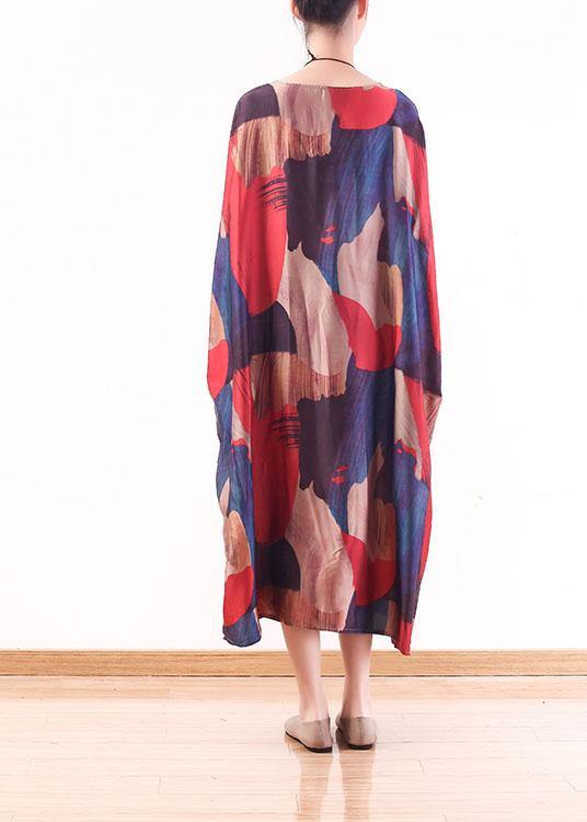Modern Red Print O-neck Loose Long Chiffon Dress