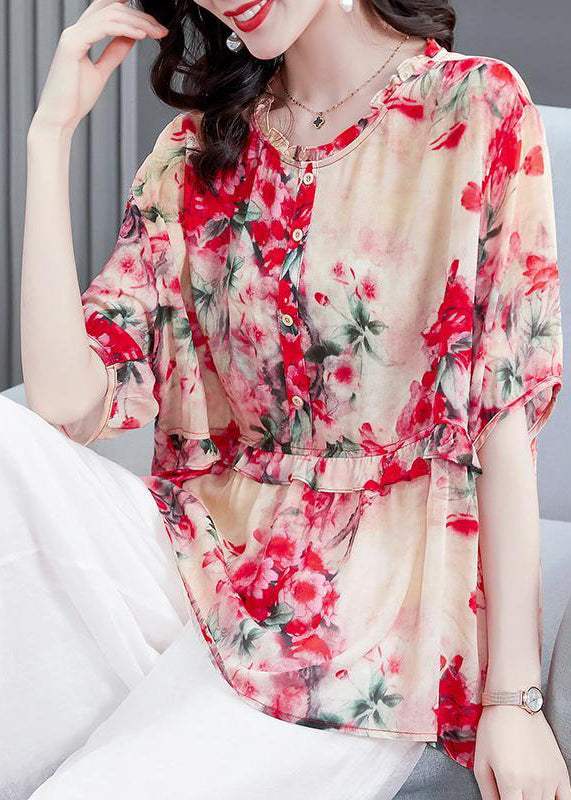 Modern Red Print O-neck Ruffled Chiffon Tops Half Sleeve