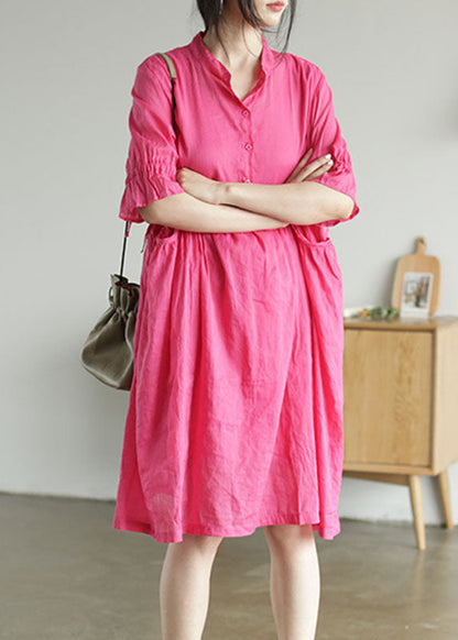 Modern Rose Stand Collar Patchwork Ramie Mid Dress Summer