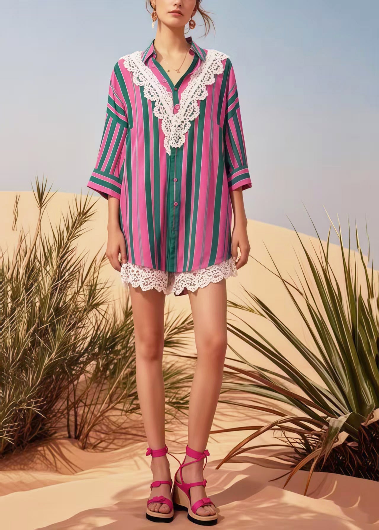 Modern Rose Striped Patchwork Lace Top Bracelet Sleeve