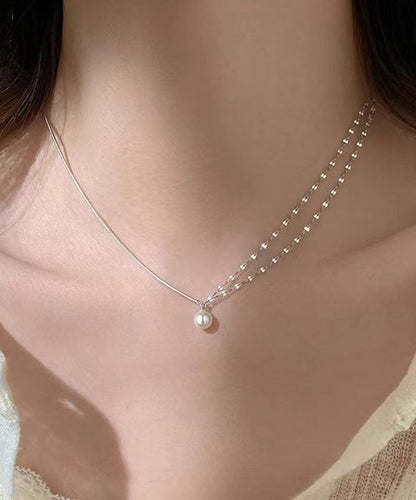 Modern Silk Sterling Silver Double Layer Pearl Pendant Necklace Ra012