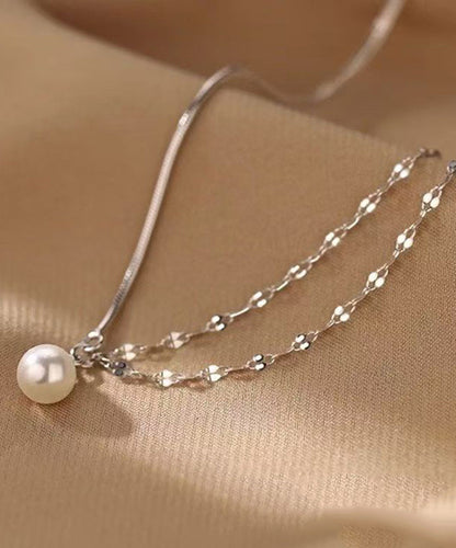 Modern Silk Sterling Silver Double Layer Pearl Pendant Necklace Ra012