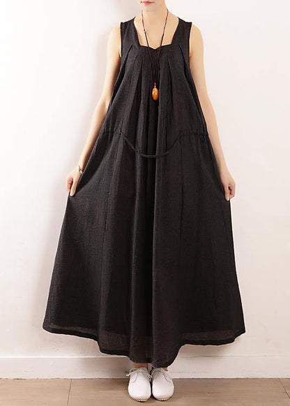 Modern Sleeveless Drawstring Linen Clothes Design Black Cotton Dress Summer