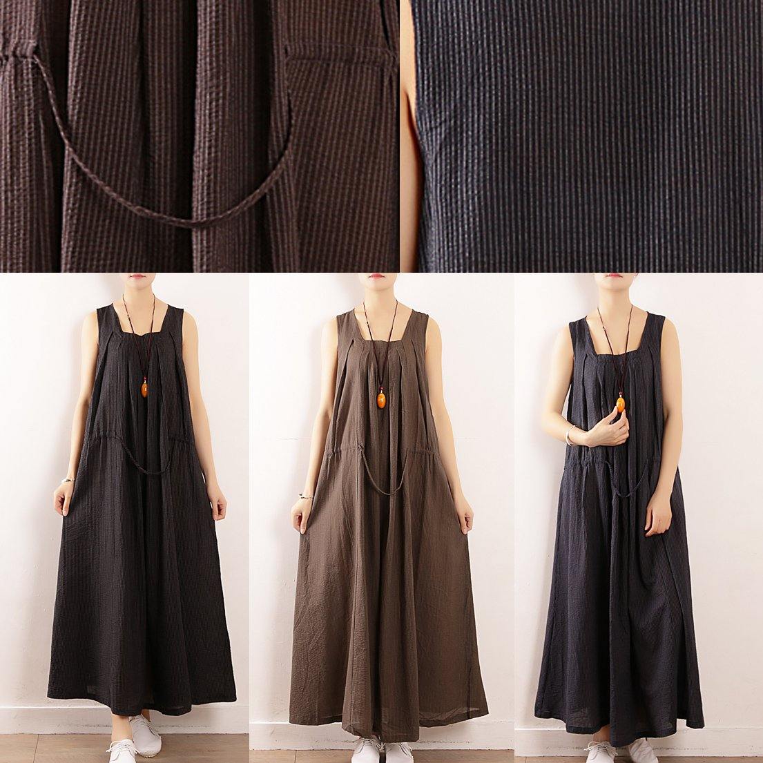 Modern Sleeveless Drawstring Linen Clothes Design Black Cotton Dress Summer