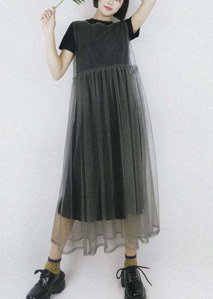 Modern Color Grey O-neck Patchwork Tulle Dress Long Smock Sleeveless