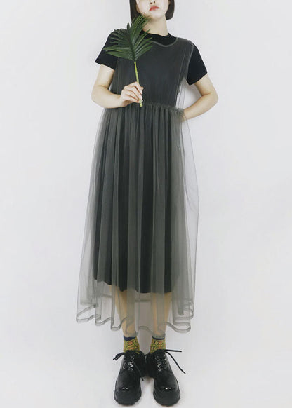Modern Color Grey O-neck Patchwork Tulle Dress Long Smock Sleeveless
