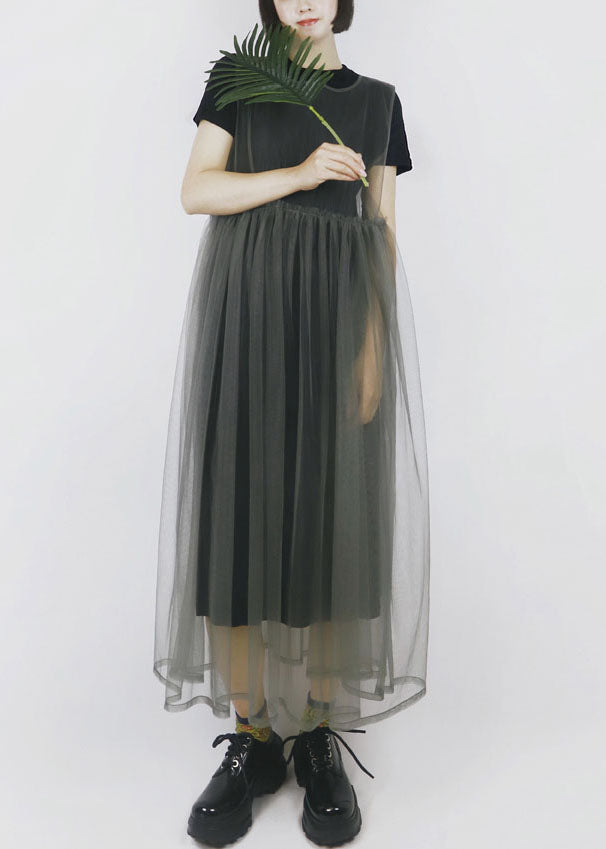 Modern Color Grey O-neck Patchwork Tulle Dress Long Smock Sleeveless