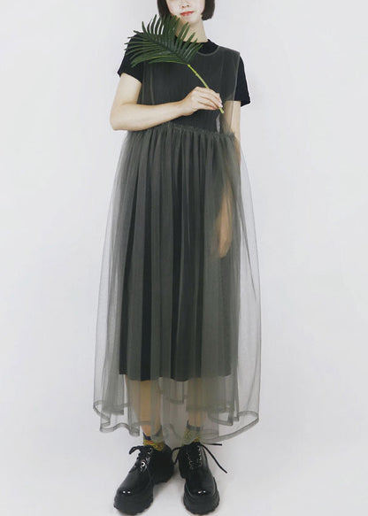 Modern Color Grey O-neck Patchwork Tulle Dress Long Smock Sleeveless
