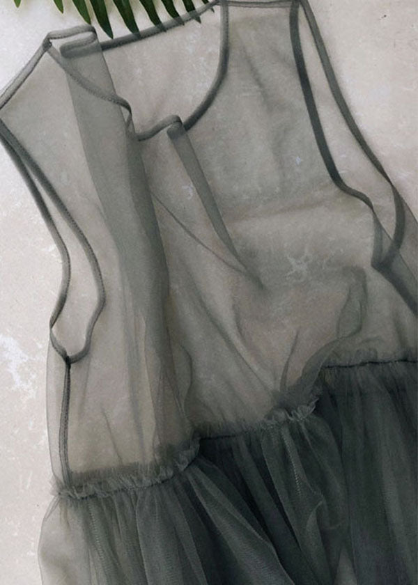 Modern Color Grey O-neck Patchwork Tulle Dress Long Smock Sleeveless