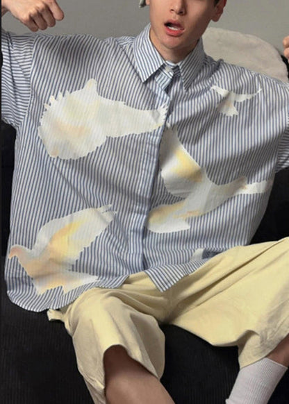 Modern Striped Peter Pan Collar Print Cotton Shirts Summer