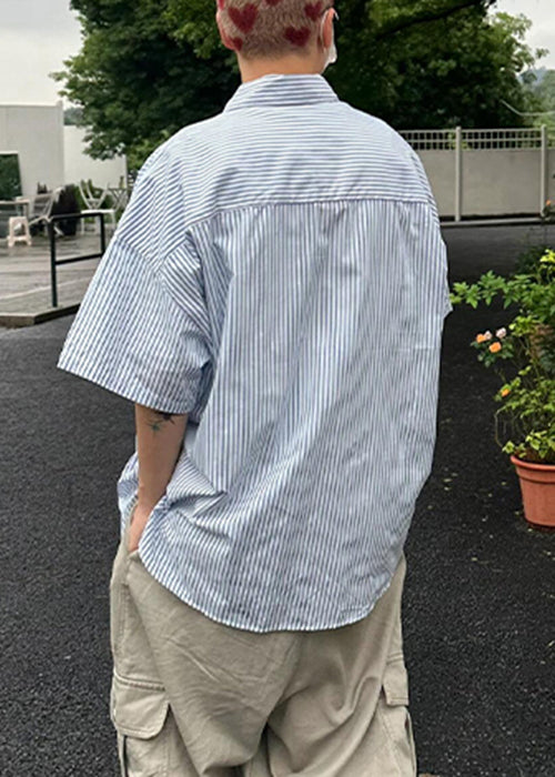 Modern Striped Peter Pan Collar Print Cotton Shirts Summer