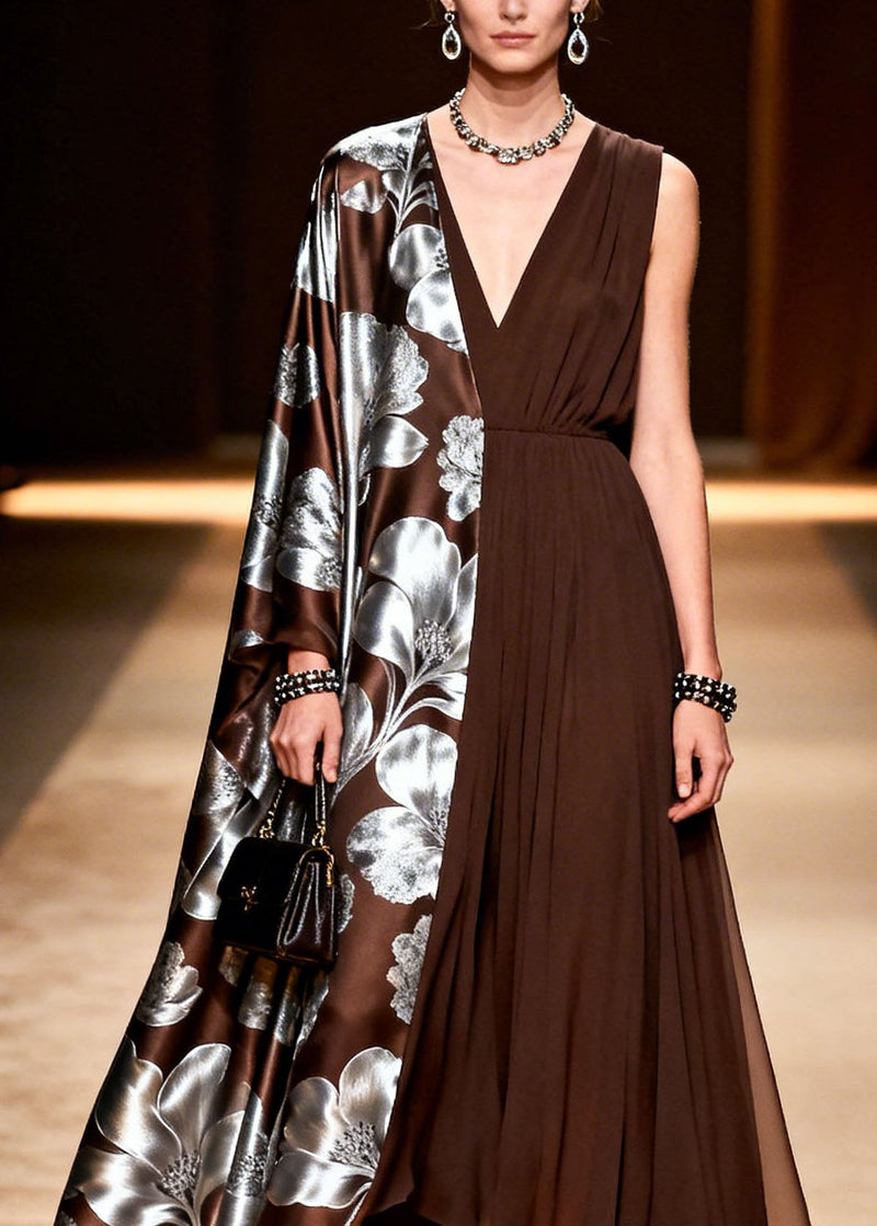 Modern V Neck Asymmetrical Design Patchwork Silk Maxi Dress Summer