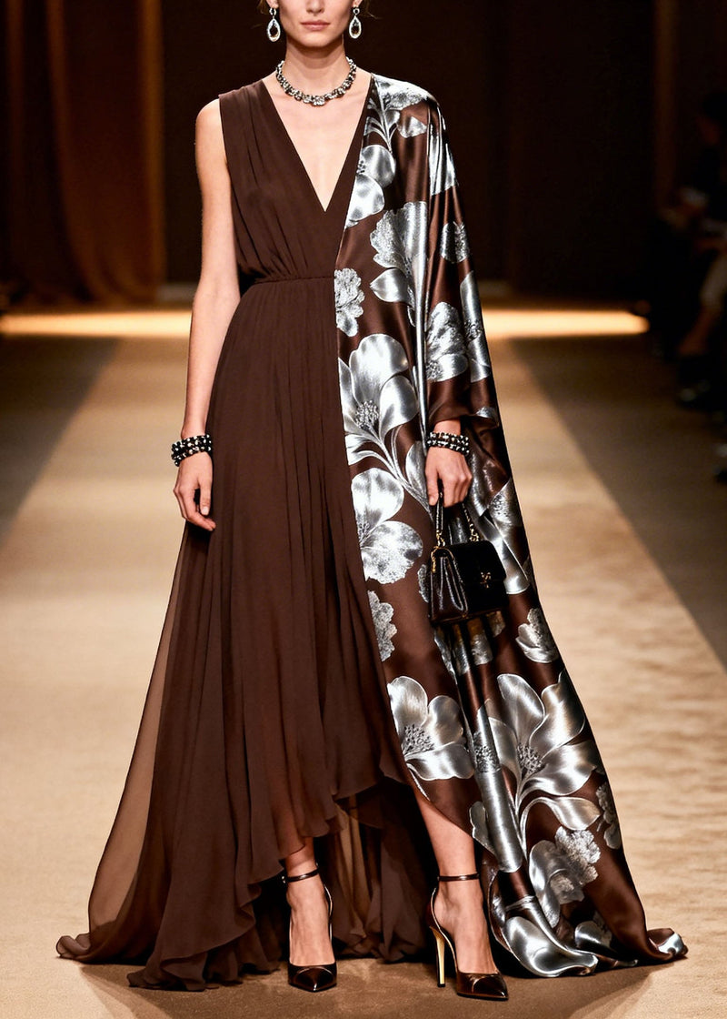 Modern V Neck Asymmetrical Design Patchwork Silk Maxi Dress Summer
