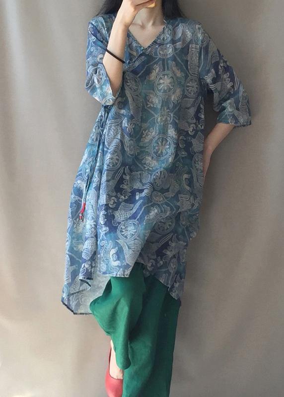 Modern V Neck Half Sleeve Quilting Dresses Pattern Blue Print Robes Dress