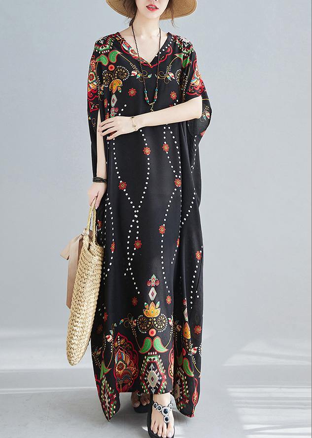 Modern V Neck Spring Clothes Wardrobes Black Print Maxi Dress