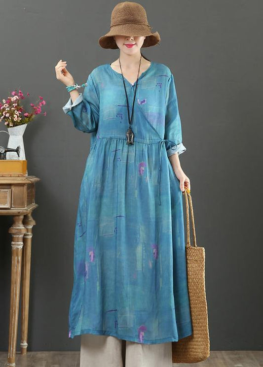 Modern V Neck Tie Waist Spring Outfit Shirts Navy Print Traveling Dress