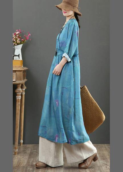 Modern V Neck Tie Waist Spring Outfit Shirts Navy Print Traveling Dress