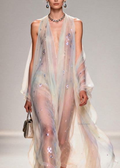 Modern V Neck Zircon Chiffon Long Dress Summer