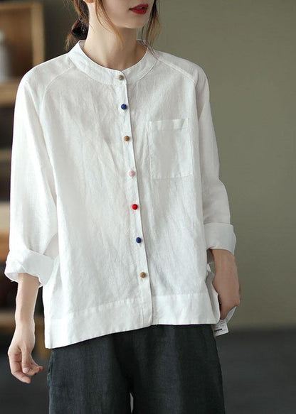 Modern White-little flower Loose Patchwork Pockets Fall Long Sleeve Blouse Top